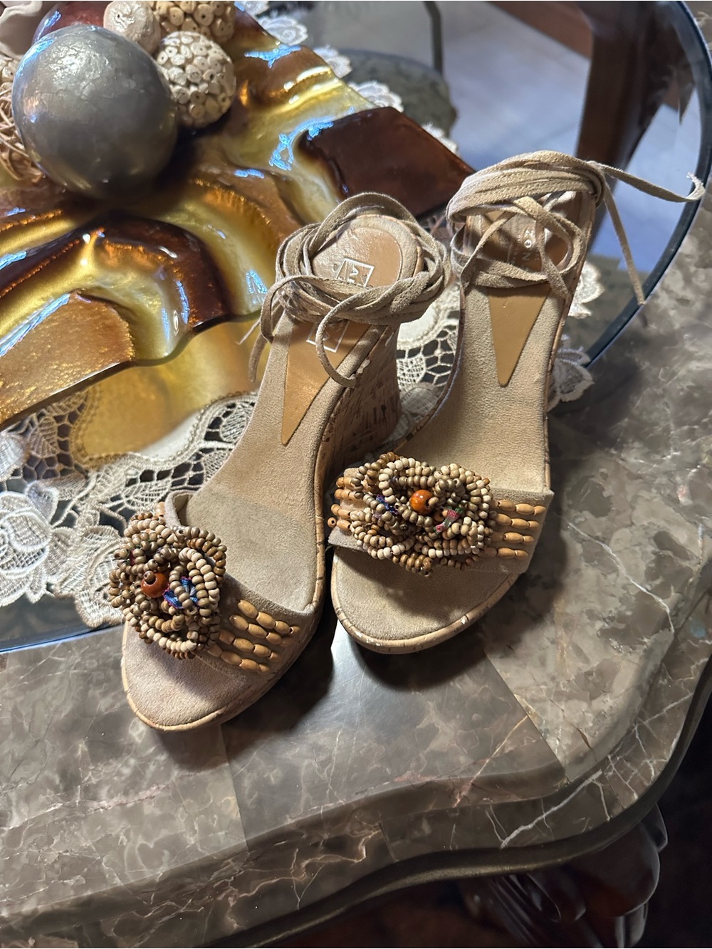 Y2K Neutral Beaded Wedge Sandals with Ankle Tie